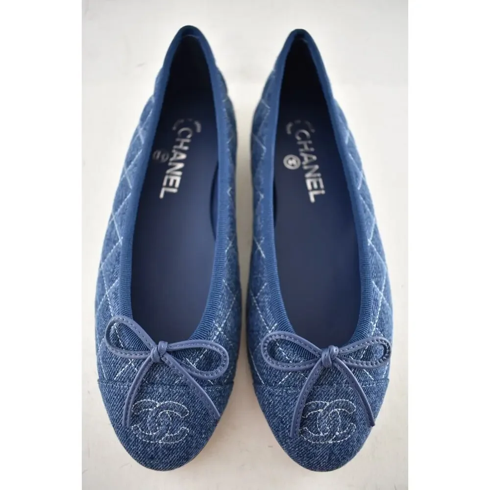 Chanel 26P Washed Denim Blue Quilted CC Logo Bow Tie Ballet Ballerina Flat 38 - Picture 9 of 16